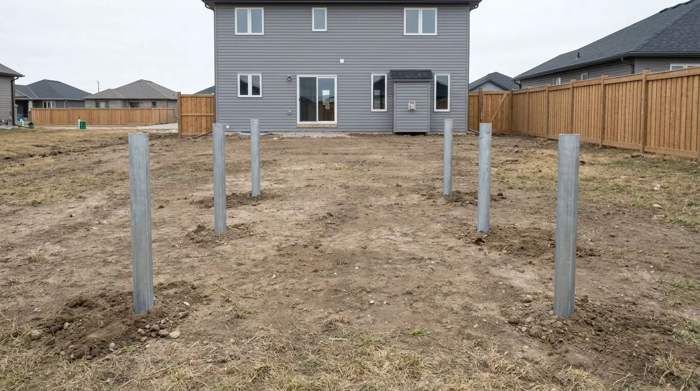 Rectangle of five galvanized pile heads marking out a deck in the graded, unlandscaped yard of a new two-storey house.