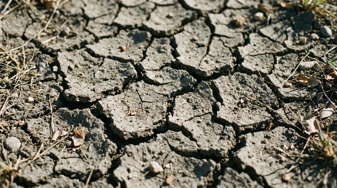 Dried grey-brown clay split into a deep pattern of polygon-shaped shrinkage cracks under strong summer sun.
