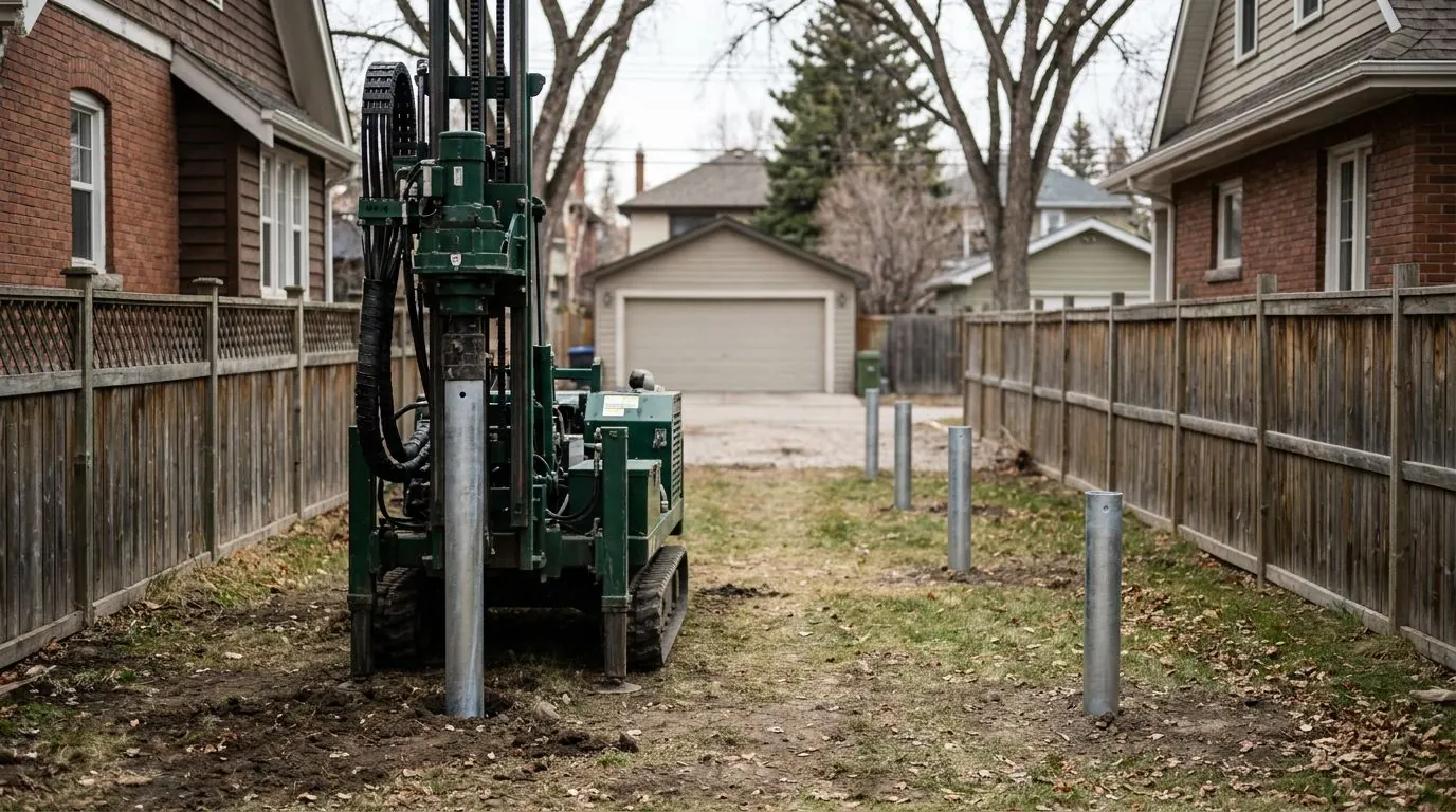 Small machine setting a steel pile in a tight inner-city Calgary backyard squeezed between two homes.