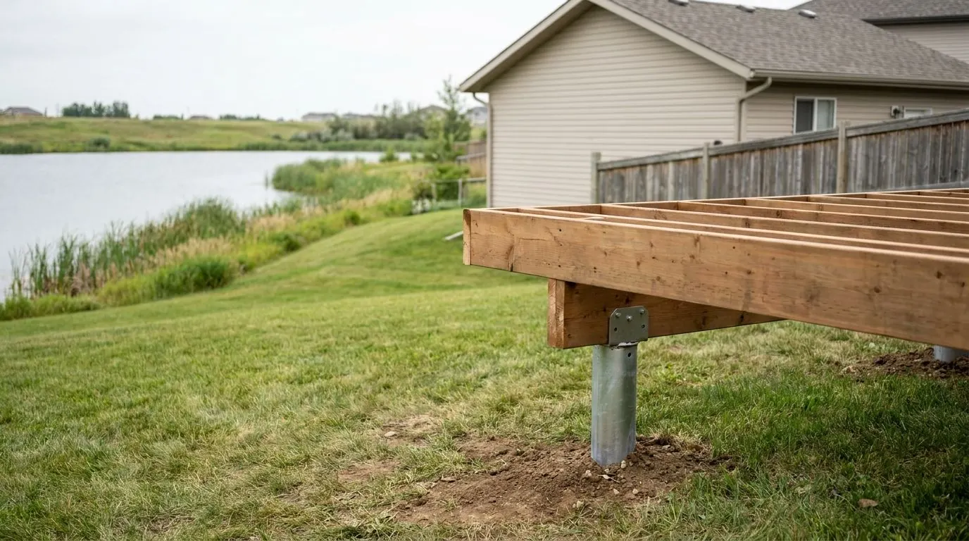 Corner of a timber deck frame resting on a short steel pile, with a prairie lake and reeds beyond.