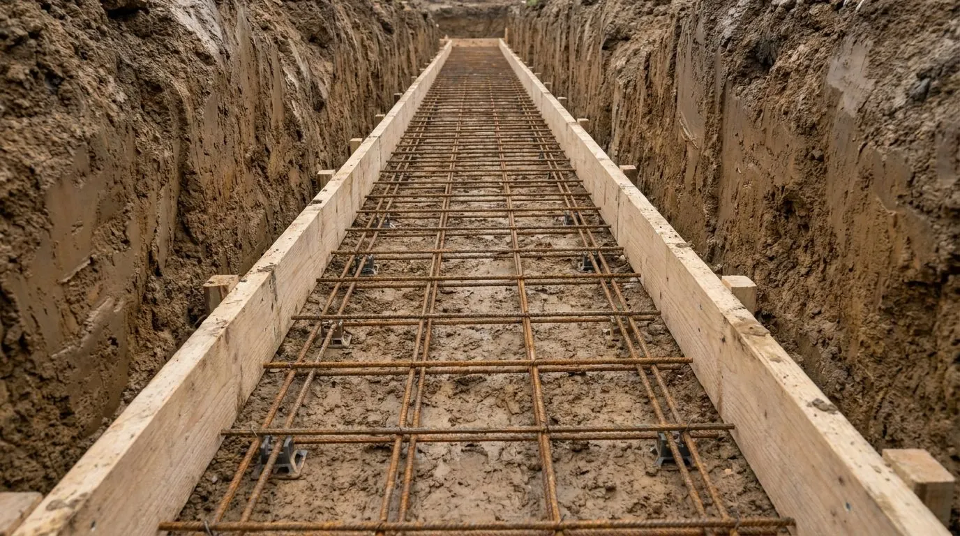 Rebar tied into a grid inside wood forms for a concrete strip footing at the bottom of a dug trench.
