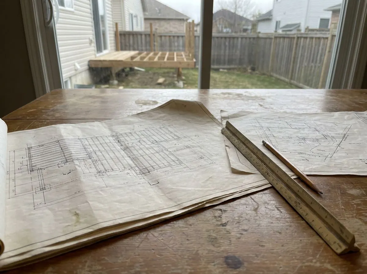 Deck framing and site plans spread across a table, ready to go in with a building permit application.