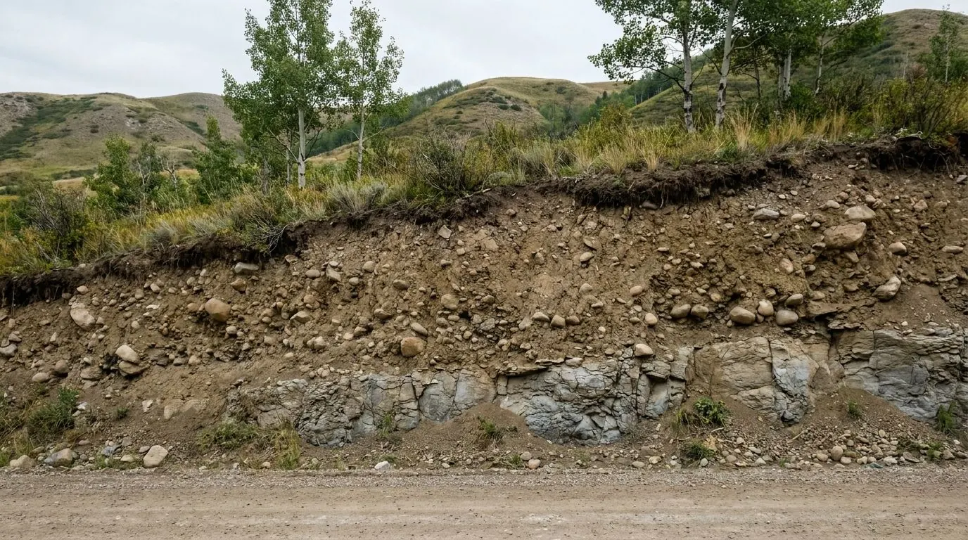Road cut west of Calgary revealing dense glacial till sitting on bedrock close to the surface.