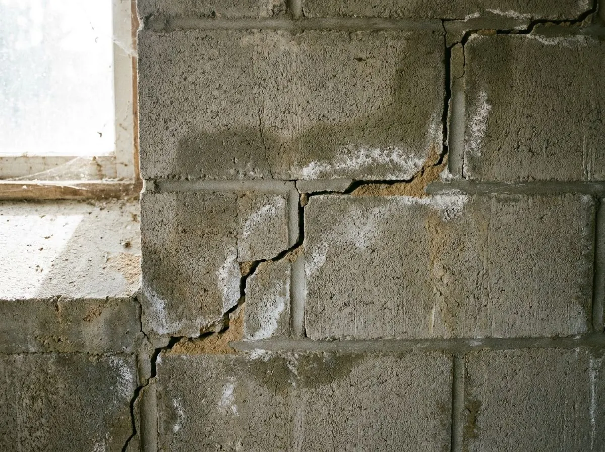 A crack stepping diagonally along the mortar lines of a concrete block foundation wall.