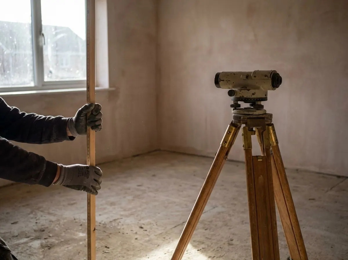 Tripod-mounted optical level and a levelling staff on a bare subfloor in an empty room, set up to measure differences in floor height.