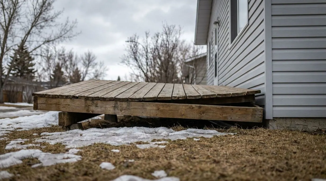A small backyard deck sitting out of level, one corner pushed up by frost.
