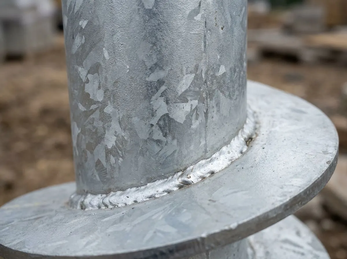 Close-up of the crystal zinc pattern on a galvanized pile shaft and the tidy weld joining the helix plate to it.