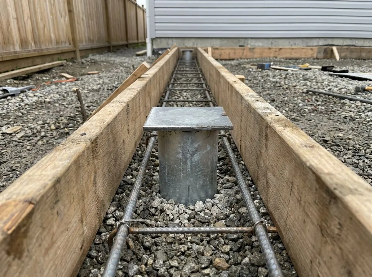 A short galvanized pile head with a steel cap plate standing inside timber grade-beam formwork, rebar tied around it, on a detached-garage pad.