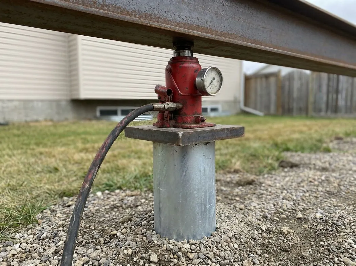 A hydraulic jack with a pressure gauge seated on a steel plate on top of a galvanized pile head, the underside of a heavy steel test beam just above it.