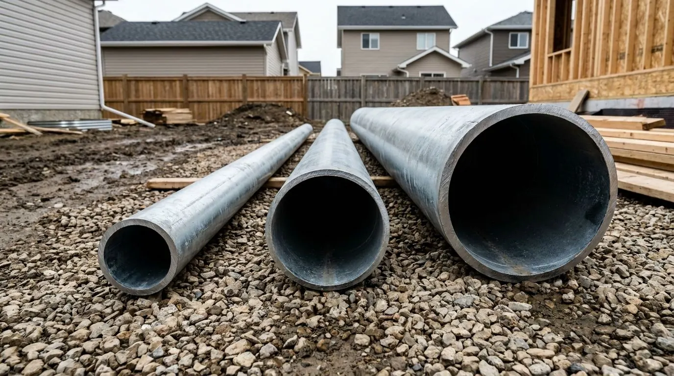 Three galvanized pile shafts of increasing diameter laid side by side on gravel, their square-cut ends toward the camera.