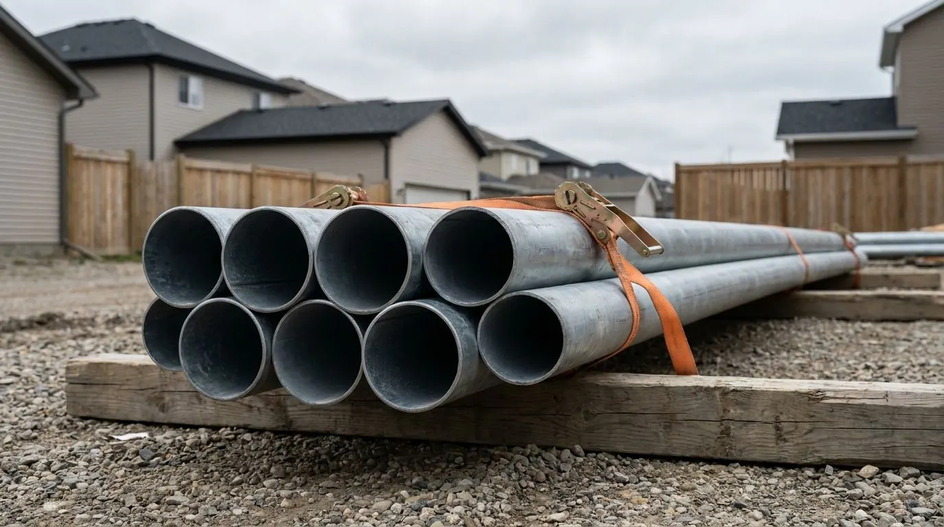 Galvanized pile shafts bundled on timber dunnage at a job site, waiting to be installed.