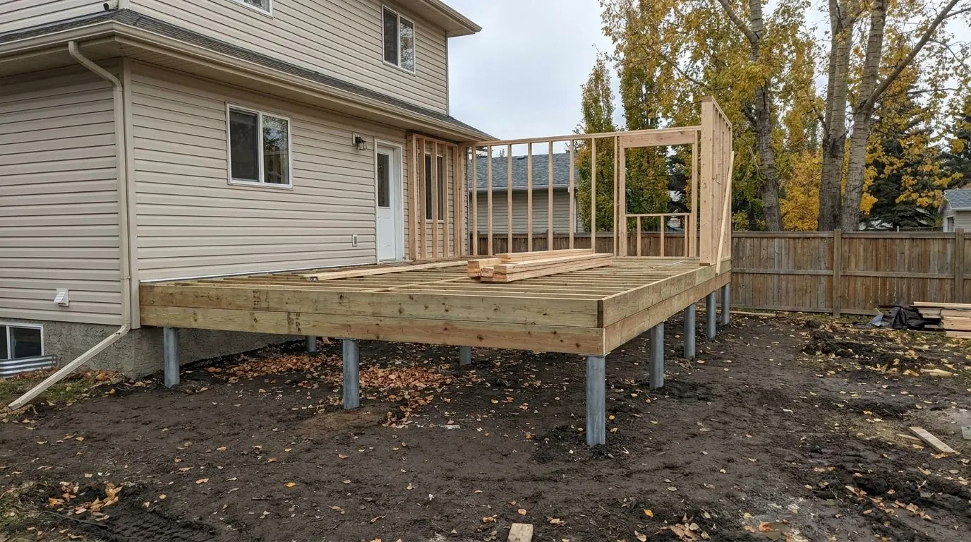 Addition being built onto a home, its floor framing supported by steel piles.