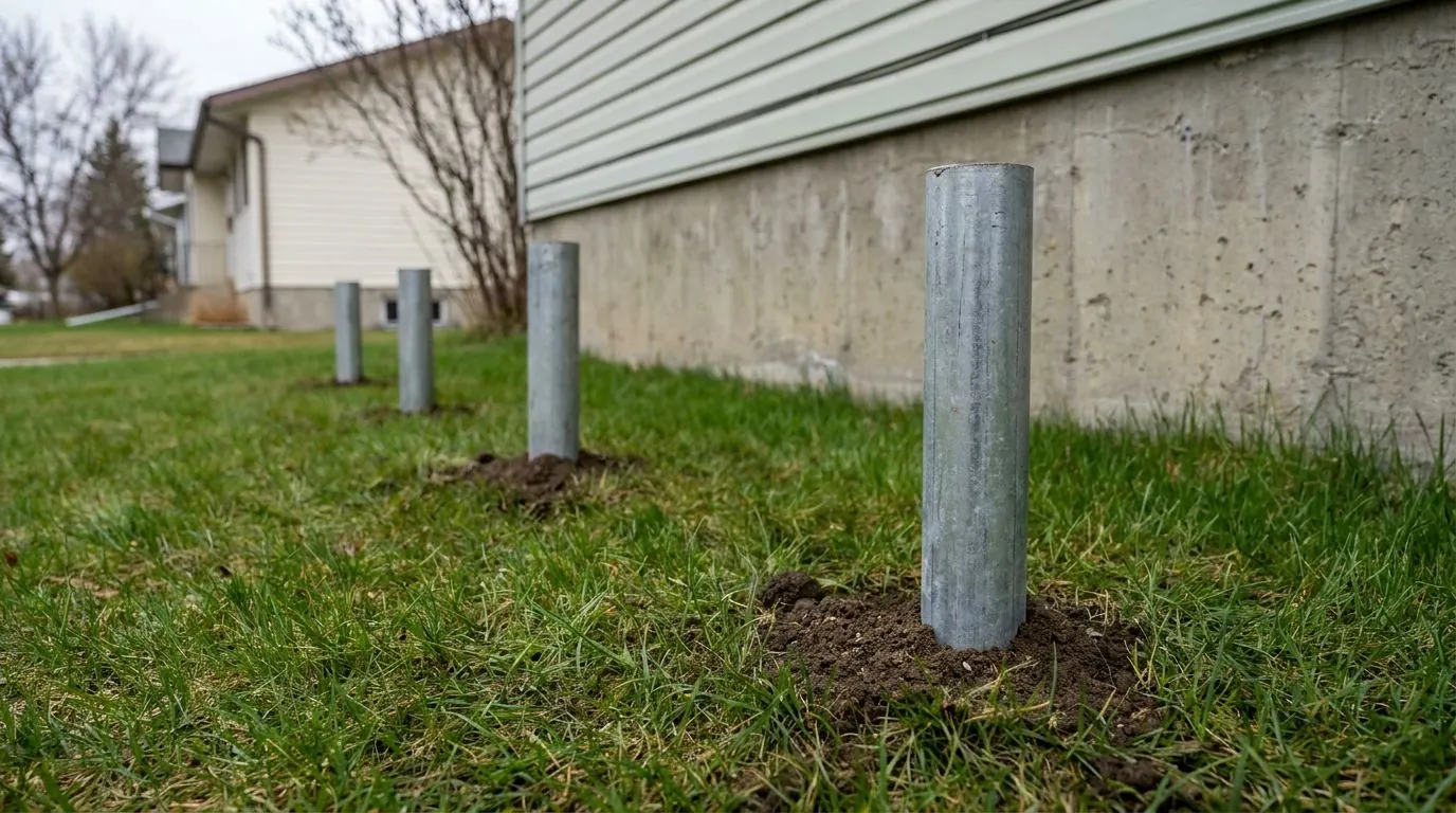 A line of four pile heads, set well apart, running alongside the foundation of an existing house to support an addition.