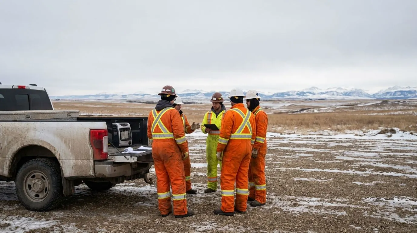 Workers in full PPE standing around a truck tailgate for a safety meeting before the job starts.
