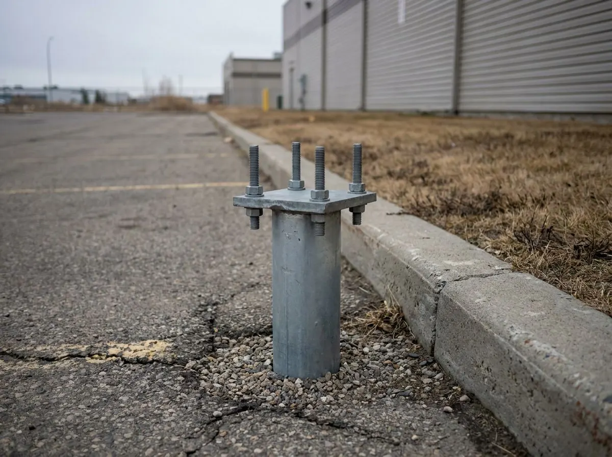 Steel pile topped with a bolted flange plate, installed to carry a parking lot light pole.