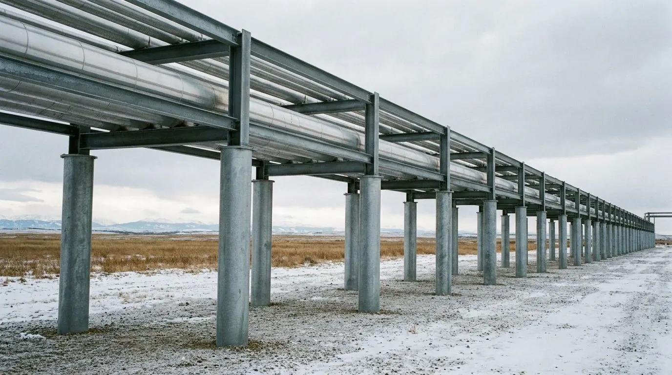 Galvanized steel piles in a line holding up an industrial pipe rack, insulated process pipes running along the top over a gravel pad.