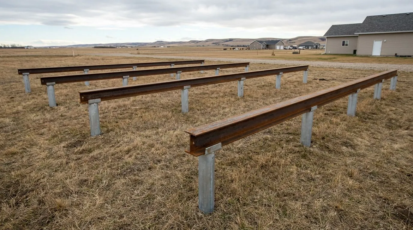 Lines of short steel pile heads capped with steel beams marking out a bungalow-sized footprint on an open rural acreage, ready for a ready-to-move home.