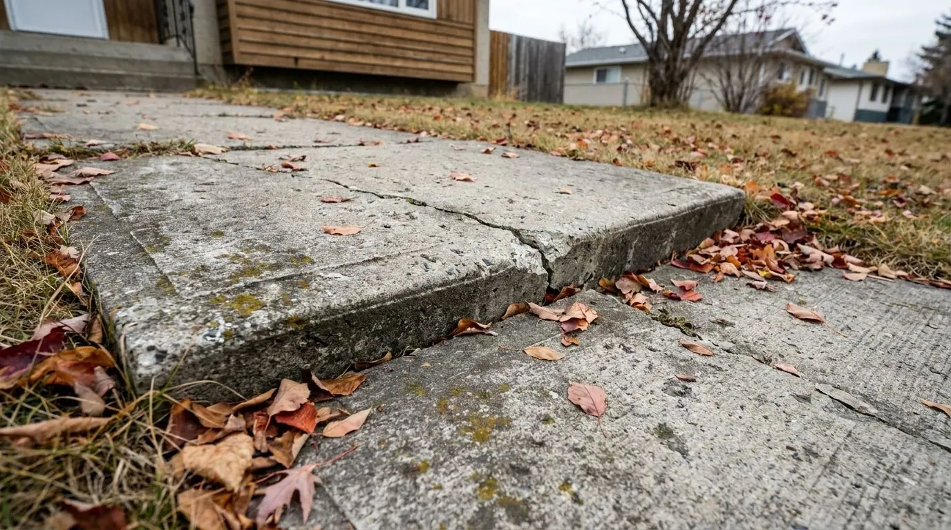 Walkway where one concrete panel has sunk, leaving a sharp step up to the next.