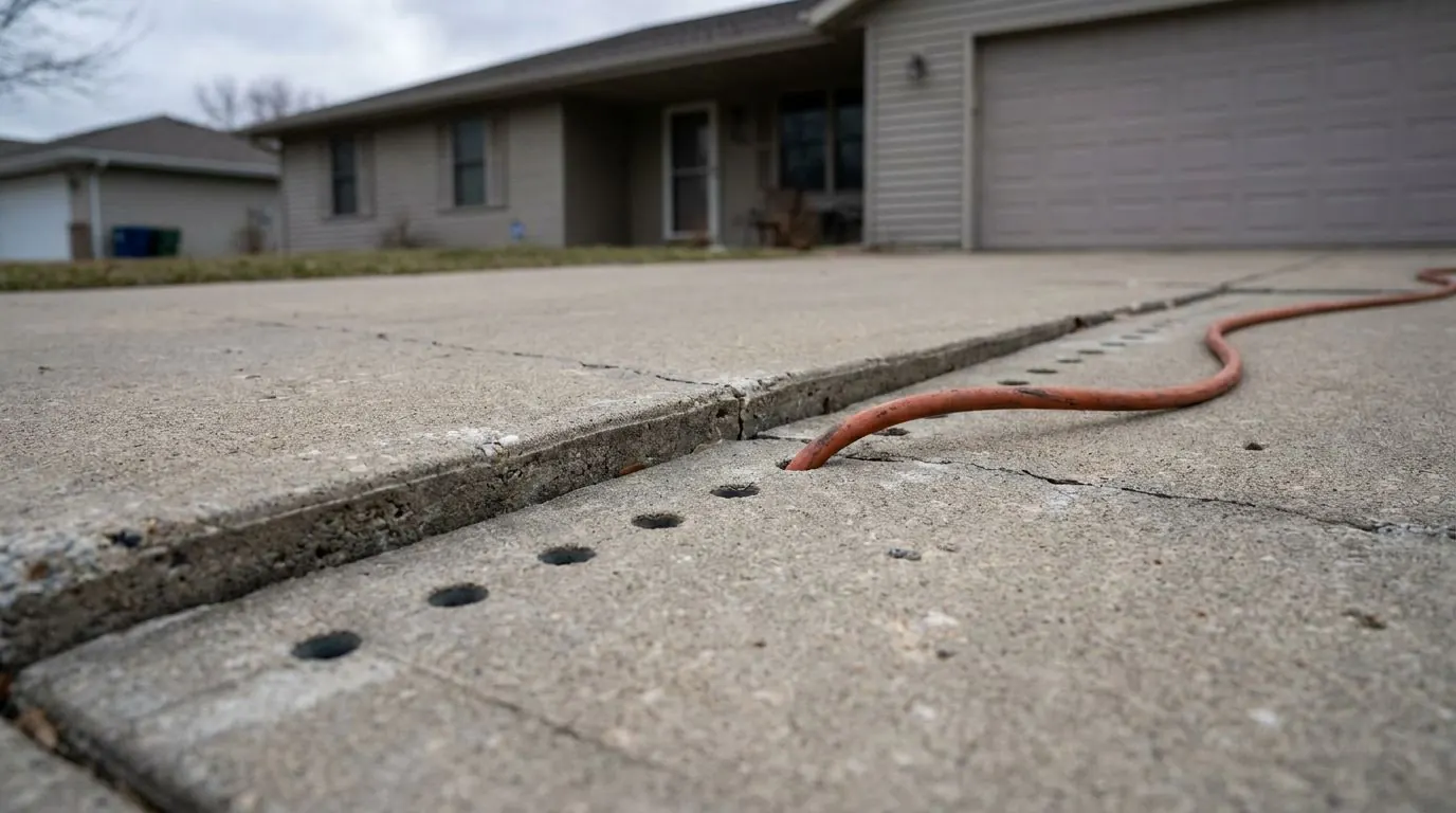 Driveway slab dropped at a joint, a tidy line of small drilled injection ports along it and a hose connected to one of them.