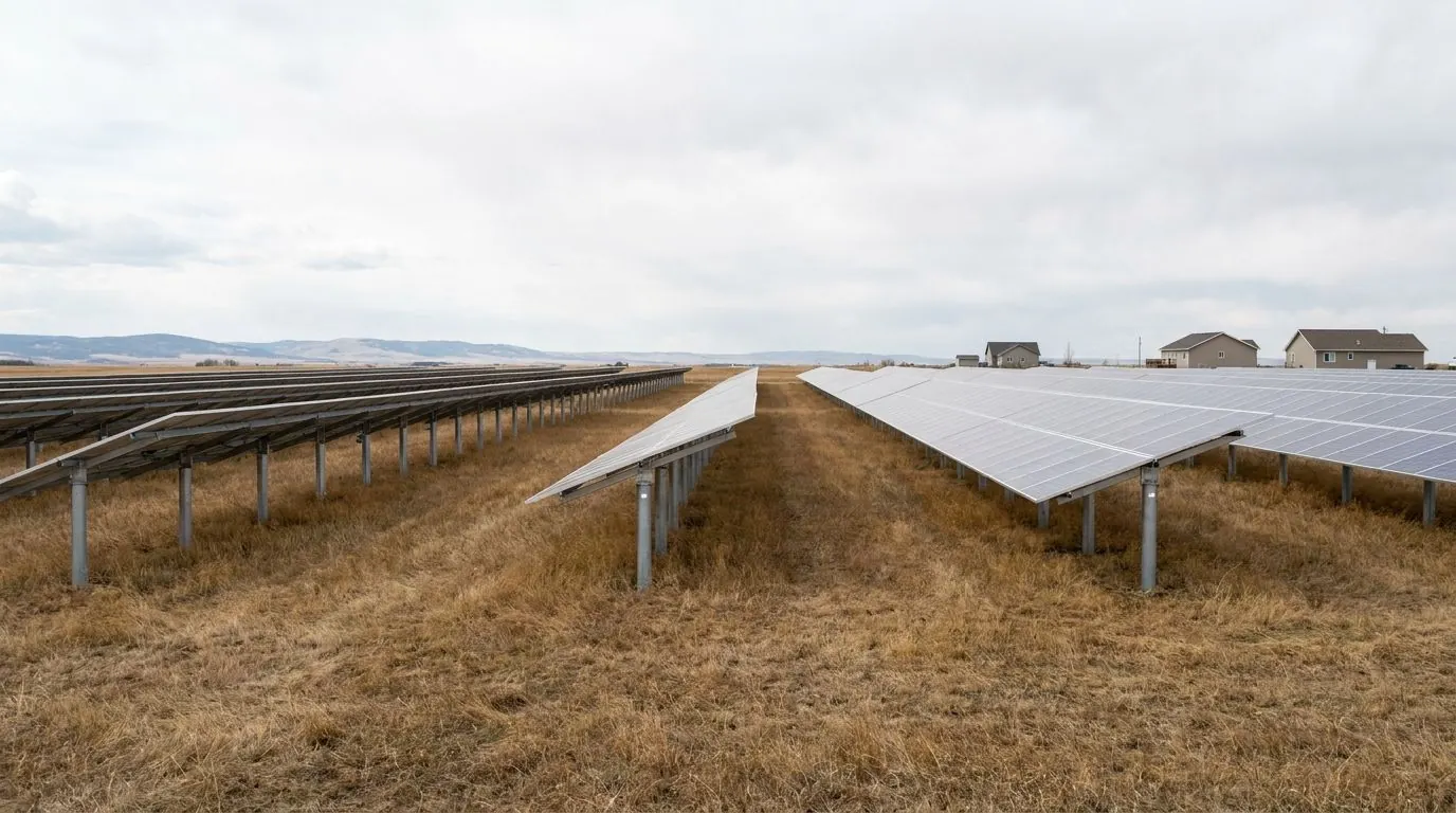 Lines of steel piles holding up the racking for a ground-mounted solar installation on open Alberta prairie.