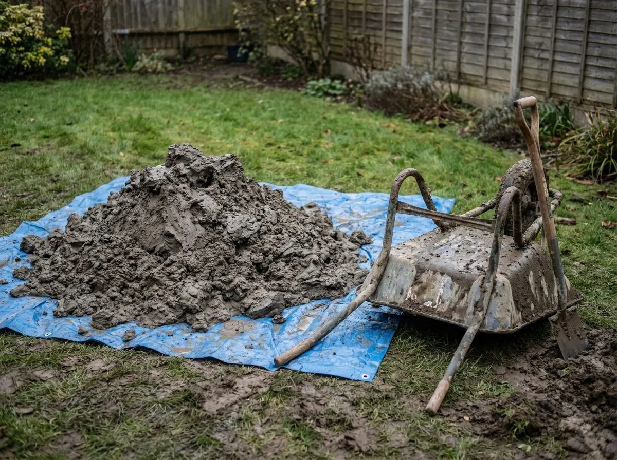 A big mound of damp grey-brown clay dumped on a tarp over a house lawn, a shovel and wheelbarrow next to it.