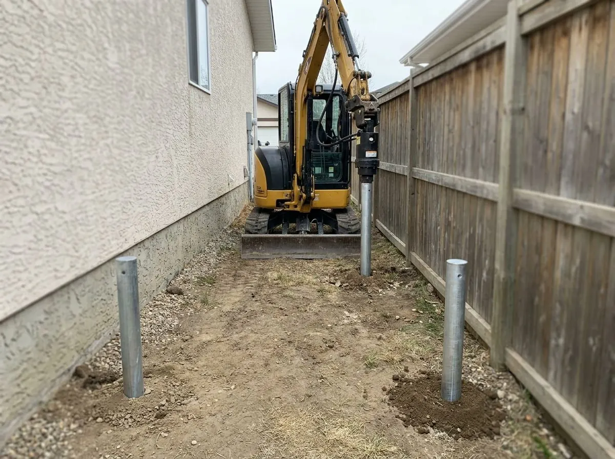 Small machine installing a steel pile in the slim space between a fence and the wall of a house.