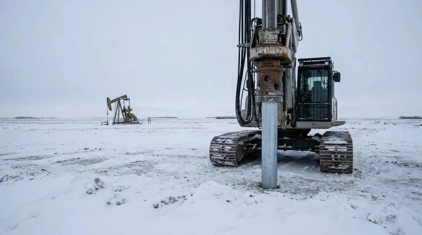Tracked rig setting steel piles on an industrial lease pad covered in snow.